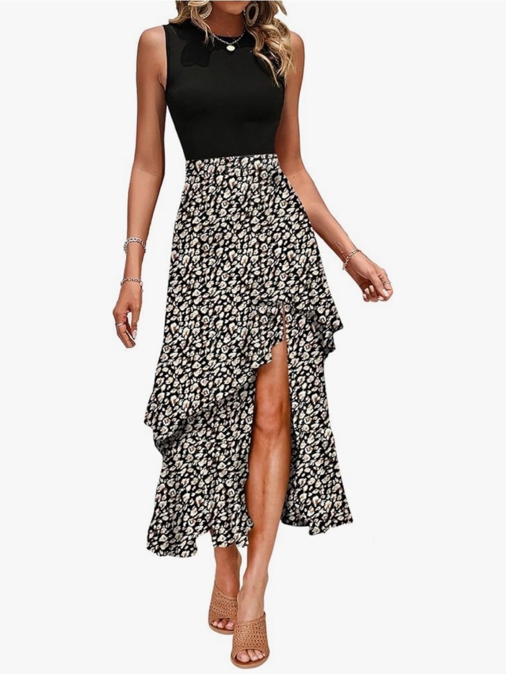 Black Floral High-Low Dress with Side Slit